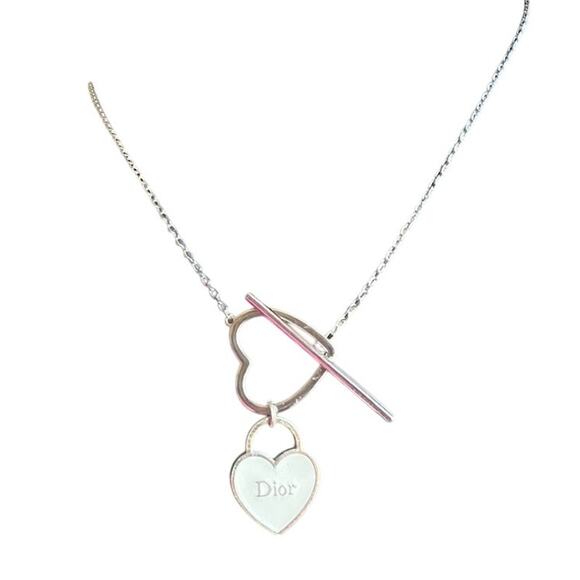 Christian Dior Silver White Double Heart Toggle Necklace (CDXX035) - Picture 1 of 3